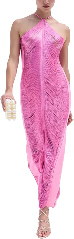 WOKANSE Women's Sexy Tassels Backless Spaghetti Straps Maxi Dress Hollow Out Back Slit Evening Cocktail Long Dresses