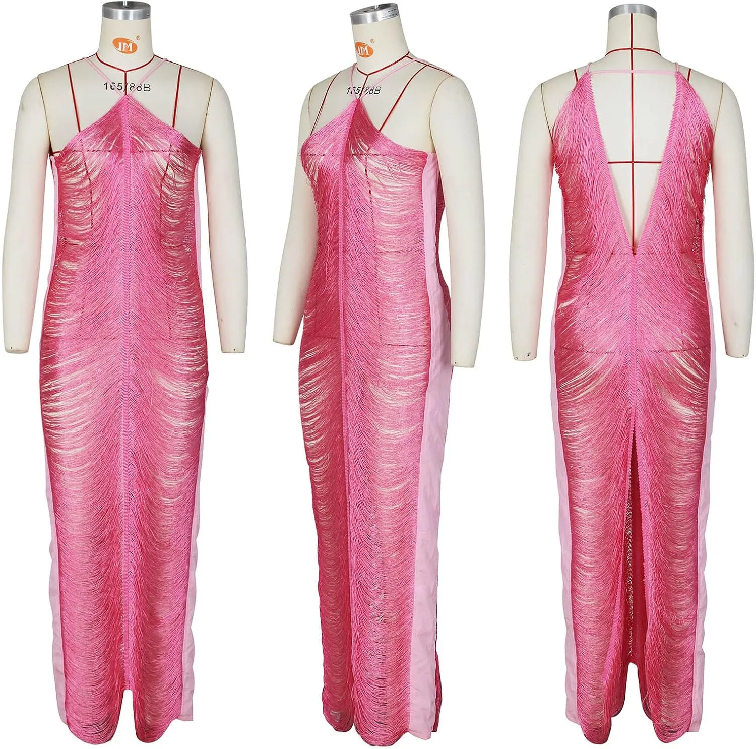 WOKANSE Women's Sexy Tassels Backless Spaghetti Straps Maxi Dress Hollow Out Back Slit Evening Cocktail Long Dresses