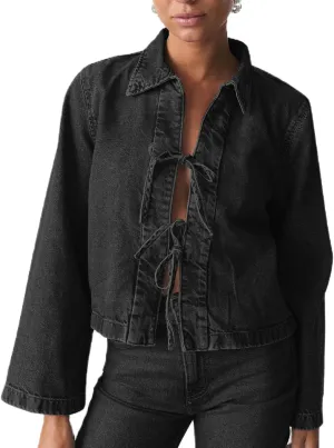Women Fashion Cropped Denim Jacket Tie Front Lapel Neck Long Sleeve Jean Coat Lightweight Shacket Fall Blouse
