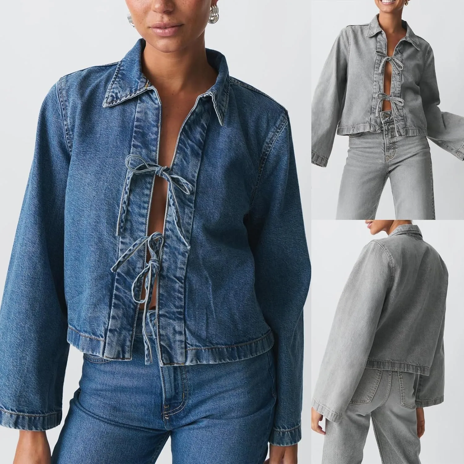 Women Fashion Cropped Denim Jacket Tie Front Lapel Neck Long Sleeve Jean Coat Lightweight Shacket Fall Blouse