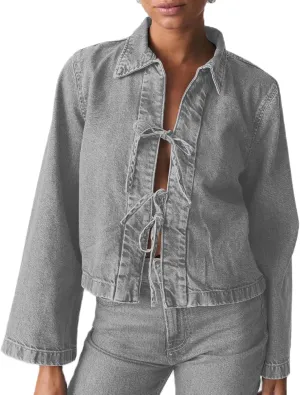 Women Fashion Cropped Denim Jacket Tie Front Lapel Neck Long Sleeve Jean Coat Lightweight Shacket Fall Blouse