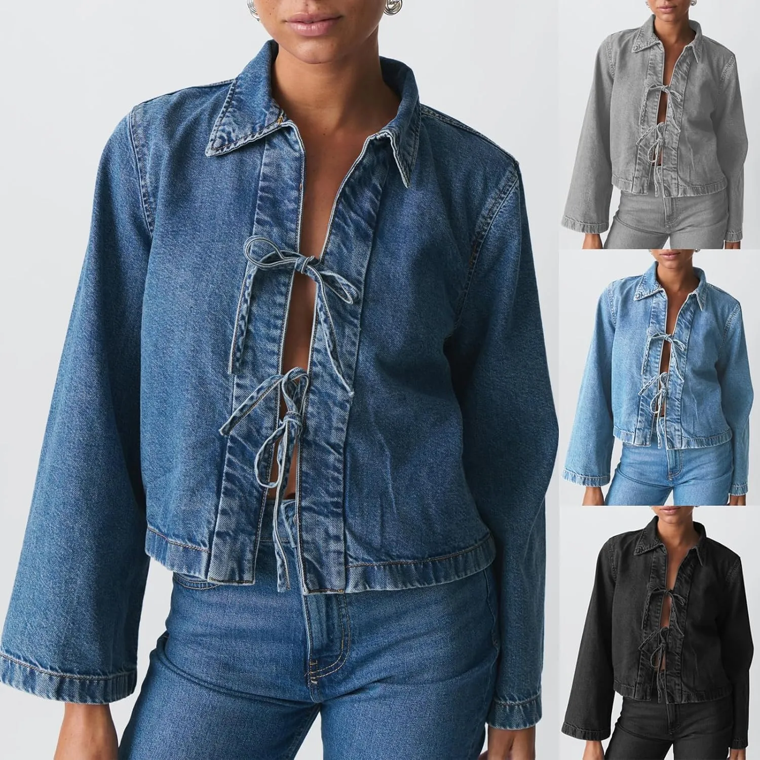 Women Fashion Cropped Denim Jacket Tie Front Lapel Neck Long Sleeve Jean Coat Lightweight Shacket Fall Blouse