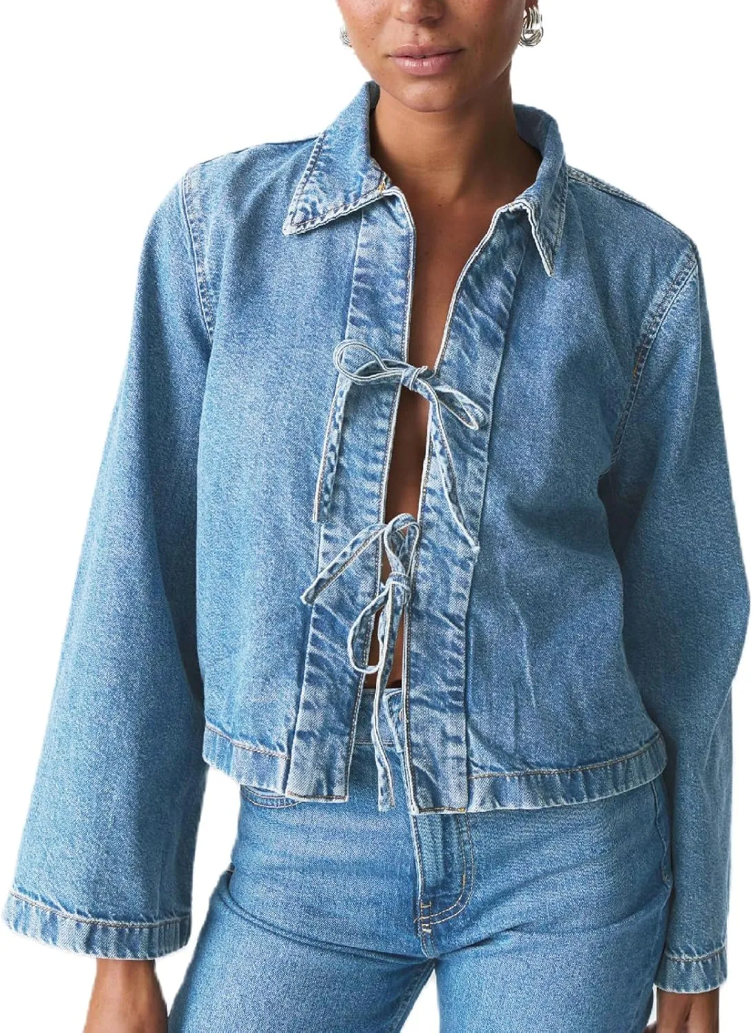 Women Fashion Cropped Denim Jacket Tie Front Lapel Neck Long Sleeve Jean Coat Lightweight Shacket Fall Blouse