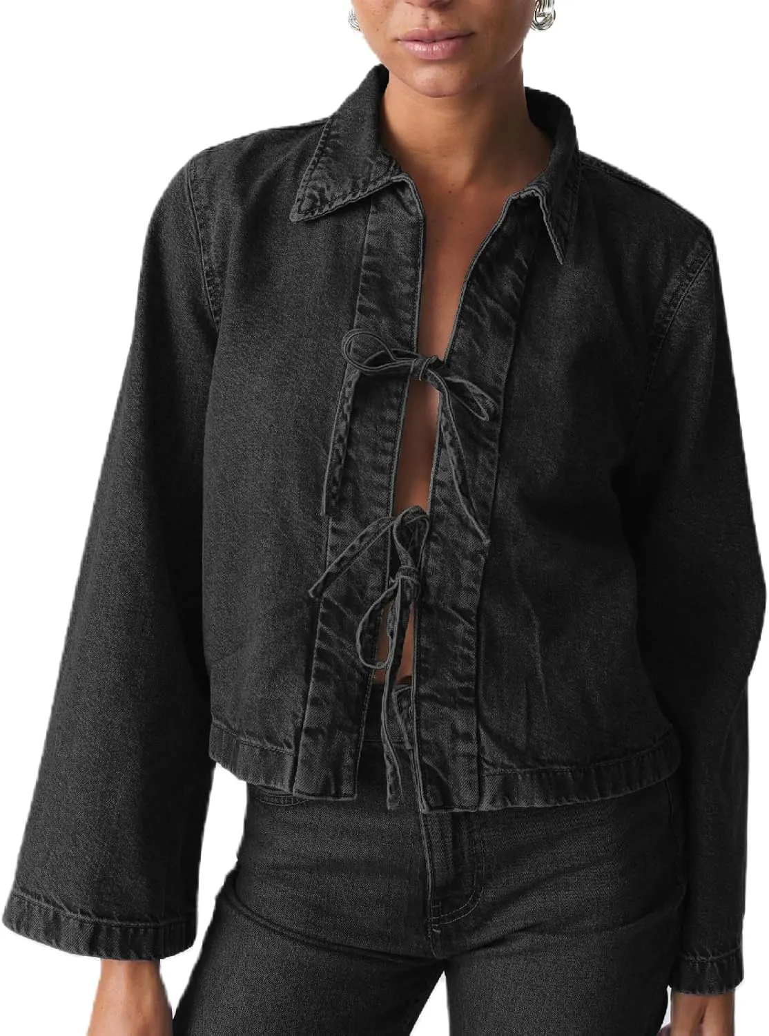 Women Fashion Cropped Denim Jacket Tie Front Lapel Neck Long Sleeve Jean Coat Lightweight Shacket Fall Blouse