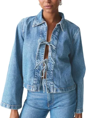 Women Fashion Cropped Denim Jacket Tie Front Lapel Neck Long Sleeve Jean Coat Lightweight Shacket Fall Blouse