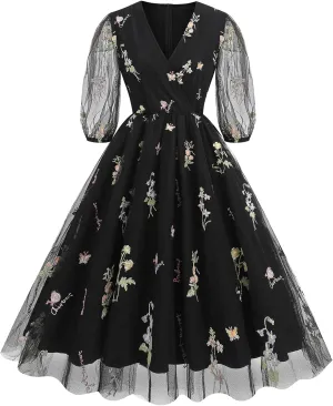 Women Half Sleeve Flower Embroidery Tulle Prom Dress Formal Party Gown Wrap V Neck Flare A Line Wedding Guest Cocktail Dress