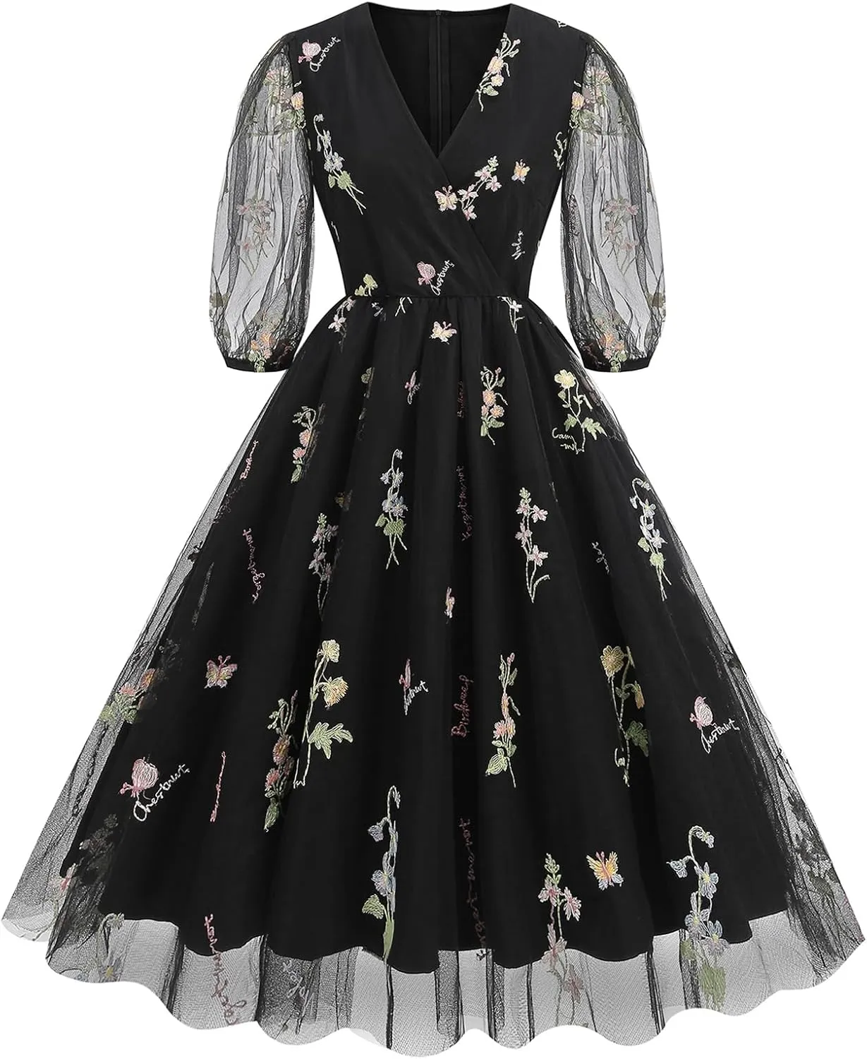 Women Half Sleeve Flower Embroidery Tulle Prom Dress Formal Party Gown Wrap V Neck Flare A Line Wedding Guest Cocktail Dress
