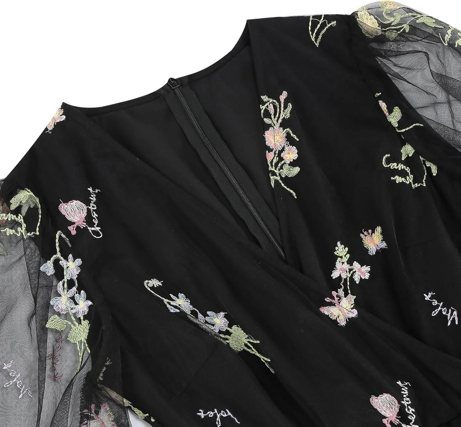 Women Half Sleeve Flower Embroidery Tulle Prom Dress Formal Party Gown Wrap V Neck Flare A Line Wedding Guest Cocktail Dress