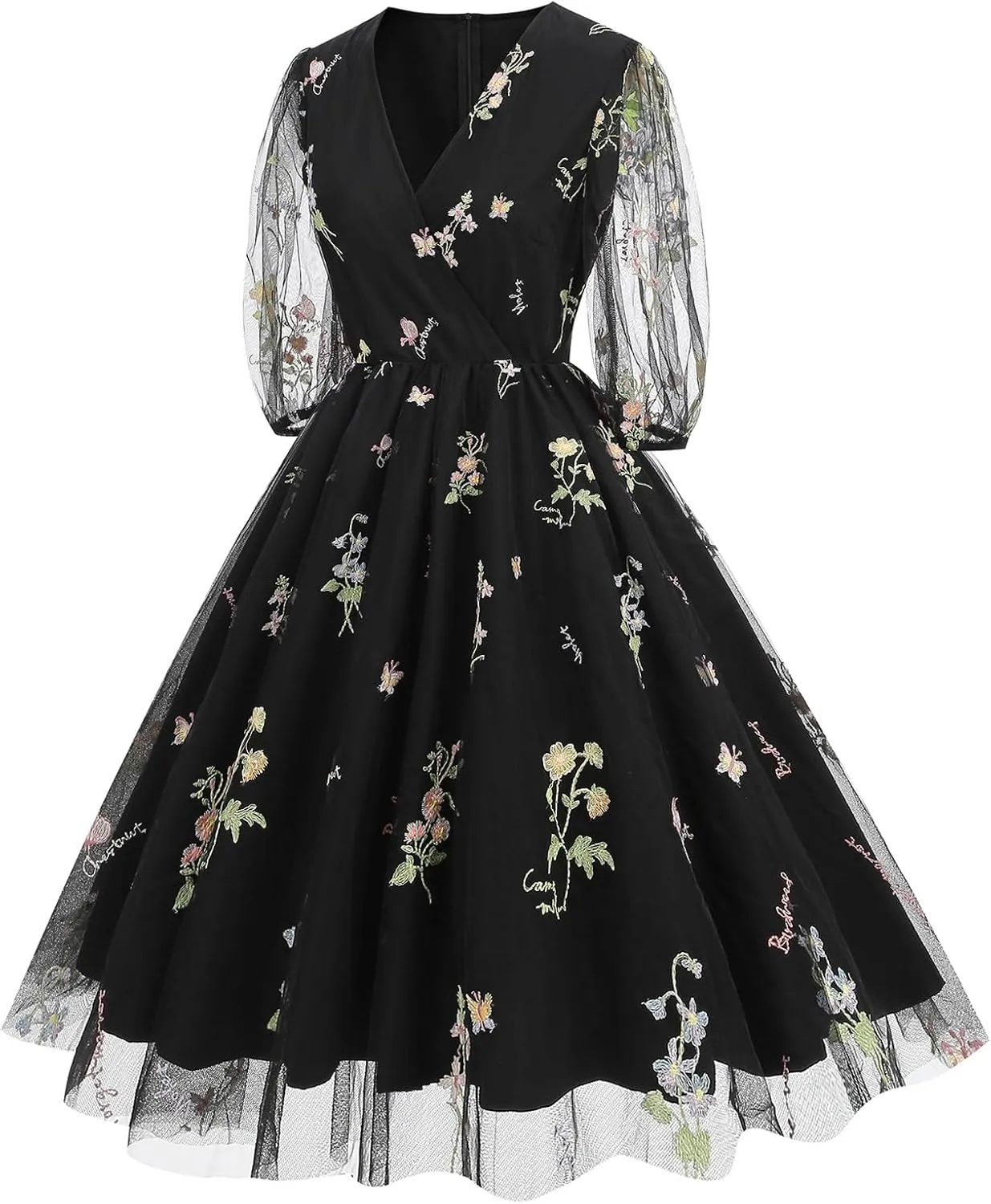 Women Half Sleeve Flower Embroidery Tulle Prom Dress Formal Party Gown Wrap V Neck Flare A Line Wedding Guest Cocktail Dress