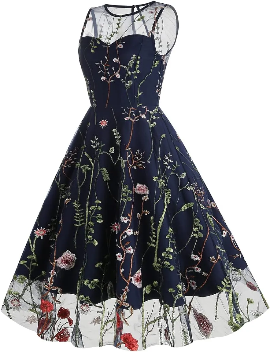 Women Keyhole Floral Embroidery Dress Sheer Mesh Illusion Vintage Cocktail Swing Dress Wedding Party Prom Tulle Evening Dress