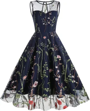 Women Keyhole Floral Embroidery Dress Sheer Mesh Illusion Vintage Cocktail Swing Dress Wedding Party Prom Tulle Evening Dress
