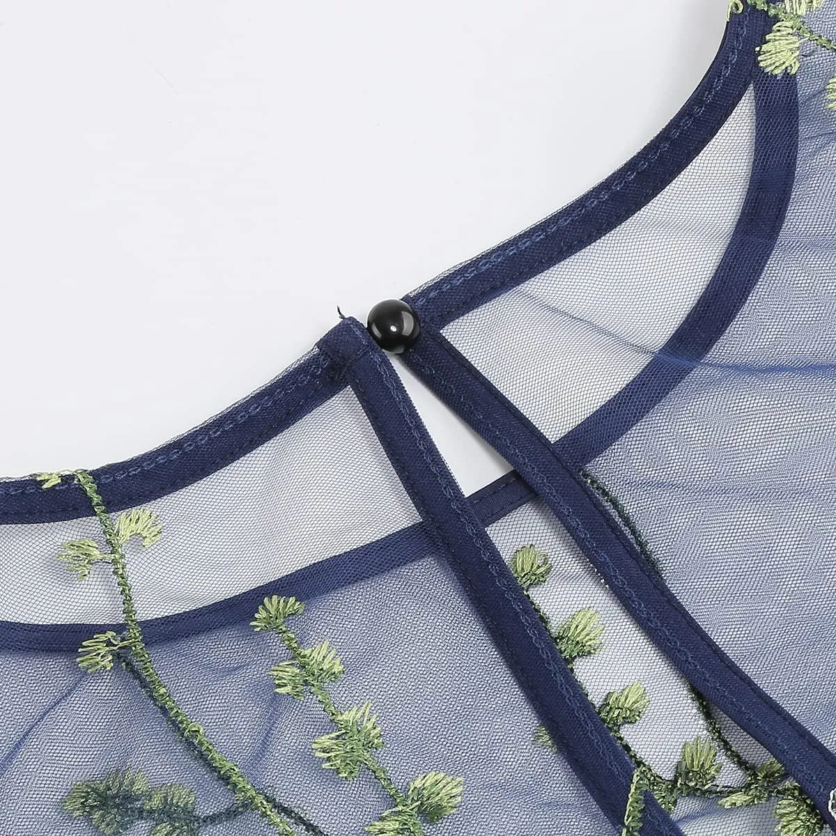 Women Keyhole Floral Embroidery Dress Sheer Mesh Illusion Vintage Cocktail Swing Dress Wedding Party Prom Tulle Evening Dress