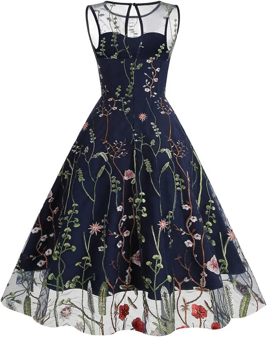 Women Keyhole Floral Embroidery Dress Sheer Mesh Illusion Vintage Cocktail Swing Dress Wedding Party Prom Tulle Evening Dress