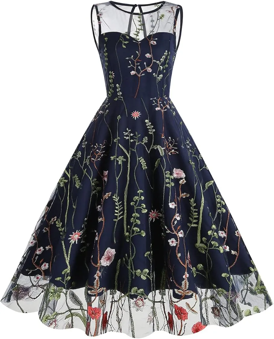 Women Keyhole Floral Embroidery Dress Sheer Mesh Illusion Vintage Cocktail Swing Dress Wedding Party Prom Tulle Evening Dress