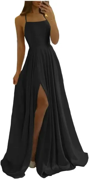 Women Long Formal Dress Solid Satin Spaghetti Straps A Line Evening Cocktail Dresses with Slit