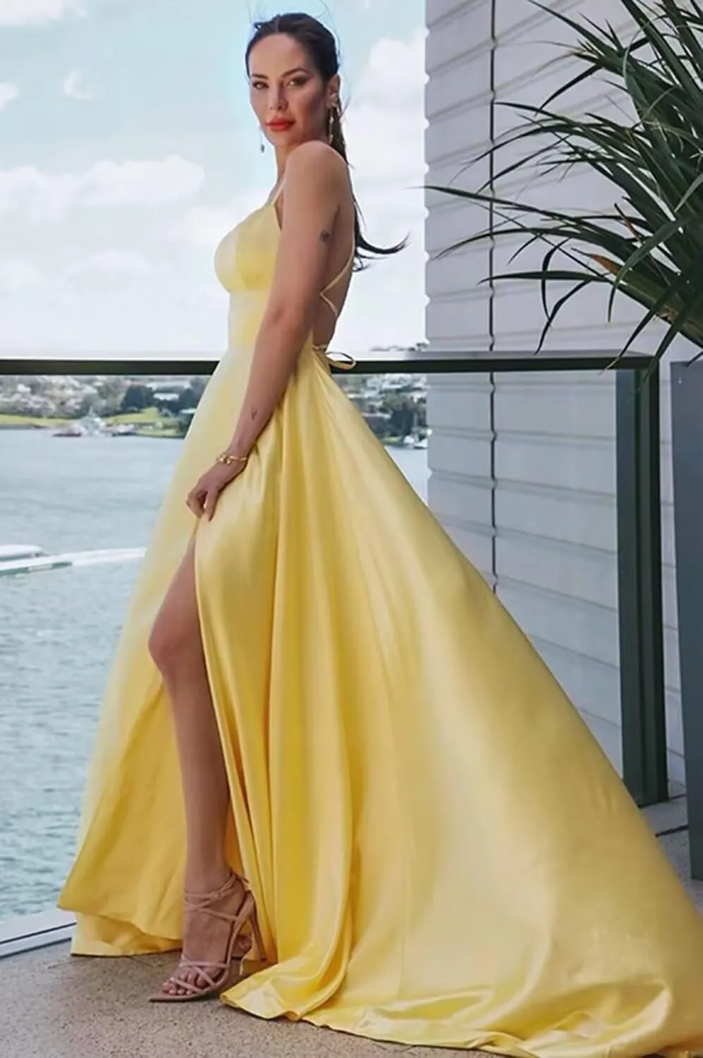 Women Long Formal Dress Solid Satin Spaghetti Straps A Line Evening Cocktail Dresses with Slit