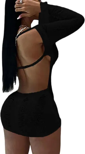 Women Sexy Crochet Knitted Hollow Out Long Sleeve Mini Dress Backless Bodycon Club Party Night Dress Y2K Dress
