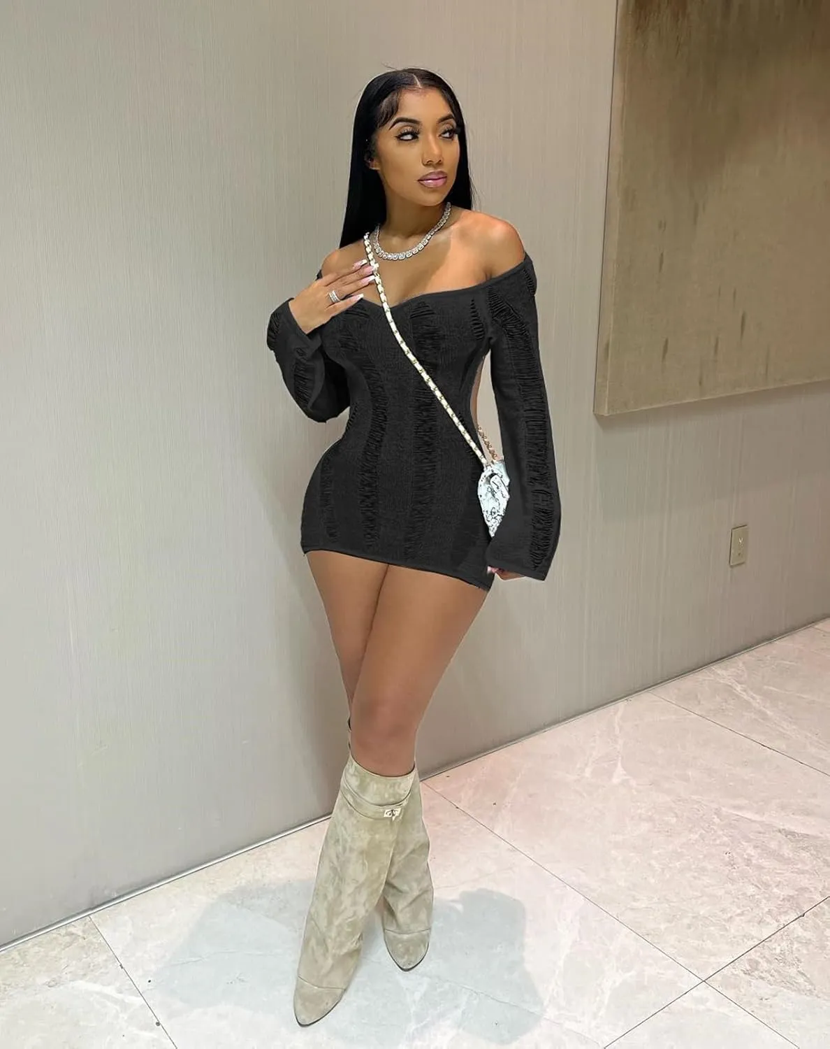 Women Sexy Crochet Knitted Hollow Out Long Sleeve Mini Dress Backless Bodycon Club Party Night Dress Y2K Dress