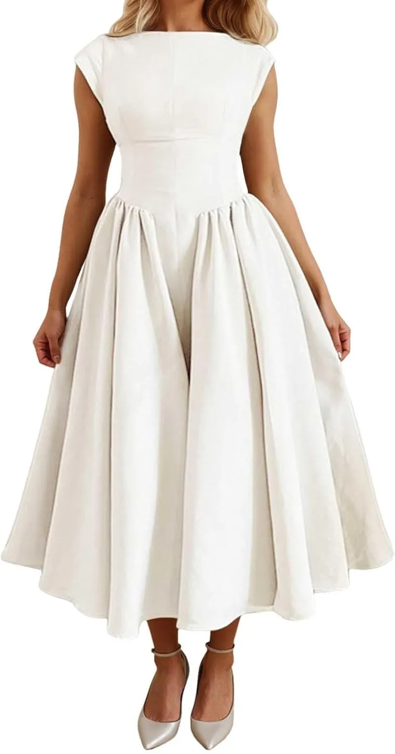 Women Summer Casual Dress Flowy Waist A-Line Midi Dress for Vacation Party Wedding Guest Formal Evening Gown