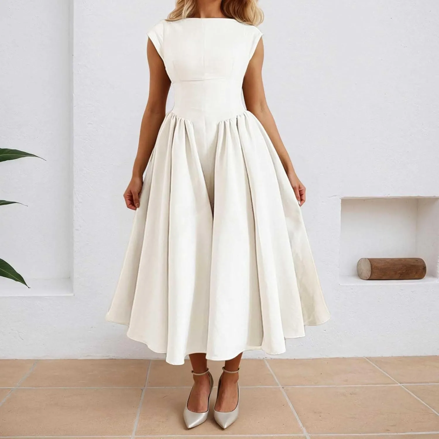 Women Summer Casual Dress Flowy Waist A-Line Midi Dress for Vacation Party Wedding Guest Formal Evening Gown