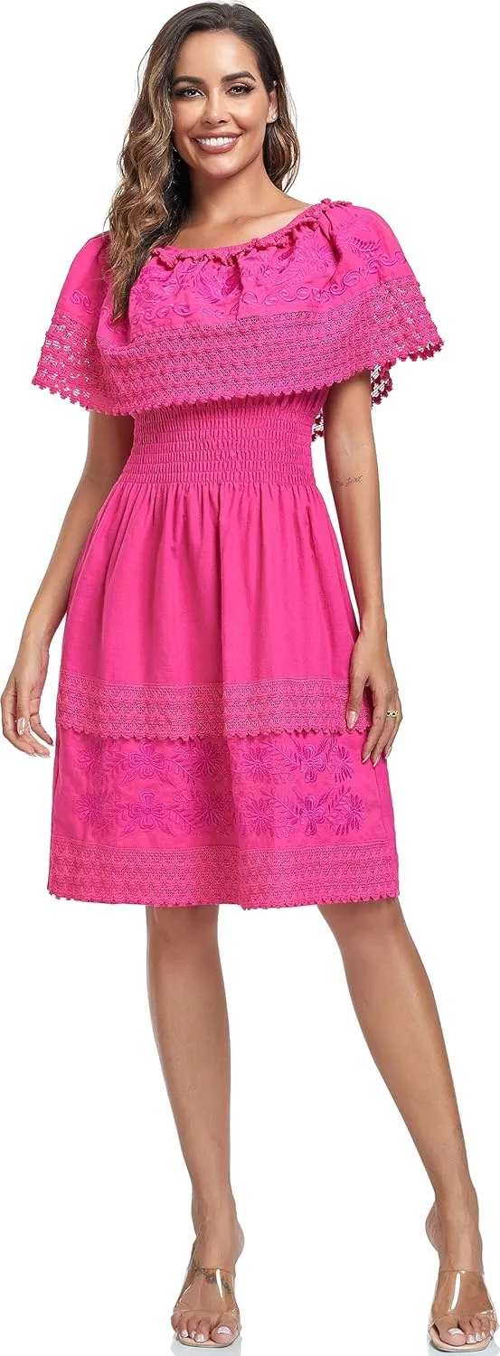 Women's 2024 Embroidered Summer Dress Lace Casual Ruffle Off-Shoulder Sleeveless Dress Boho Flowy Dress