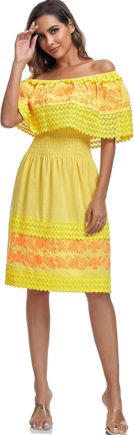 Women's 2024 Embroidered Summer Dress Lace Casual Ruffle Off-Shoulder Sleeveless Dress Boho Flowy Dress