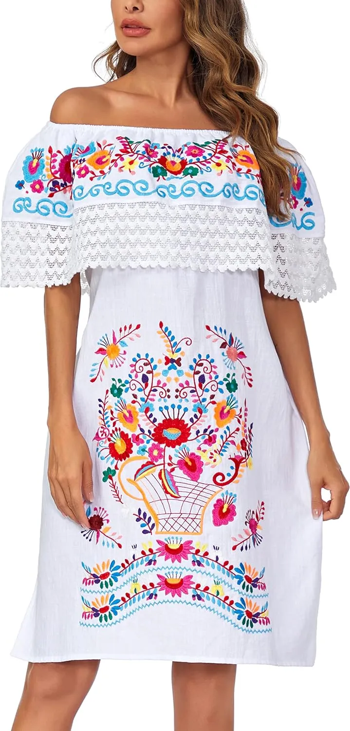 Women's 2024 Embroidered Summer Dress Lace Casual Ruffle Off-Shoulder Sleeveless Dress Boho Flowy Dress