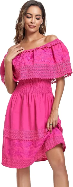 Women's 2024 Embroidered Summer Dress Lace Casual Ruffle Off-Shoulder Sleeveless Dress Boho Flowy Dress