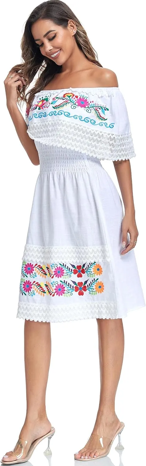 Women's 2024 Embroidered Summer Dress Lace Casual Ruffle Off-Shoulder Sleeveless Dress Boho Flowy Dress