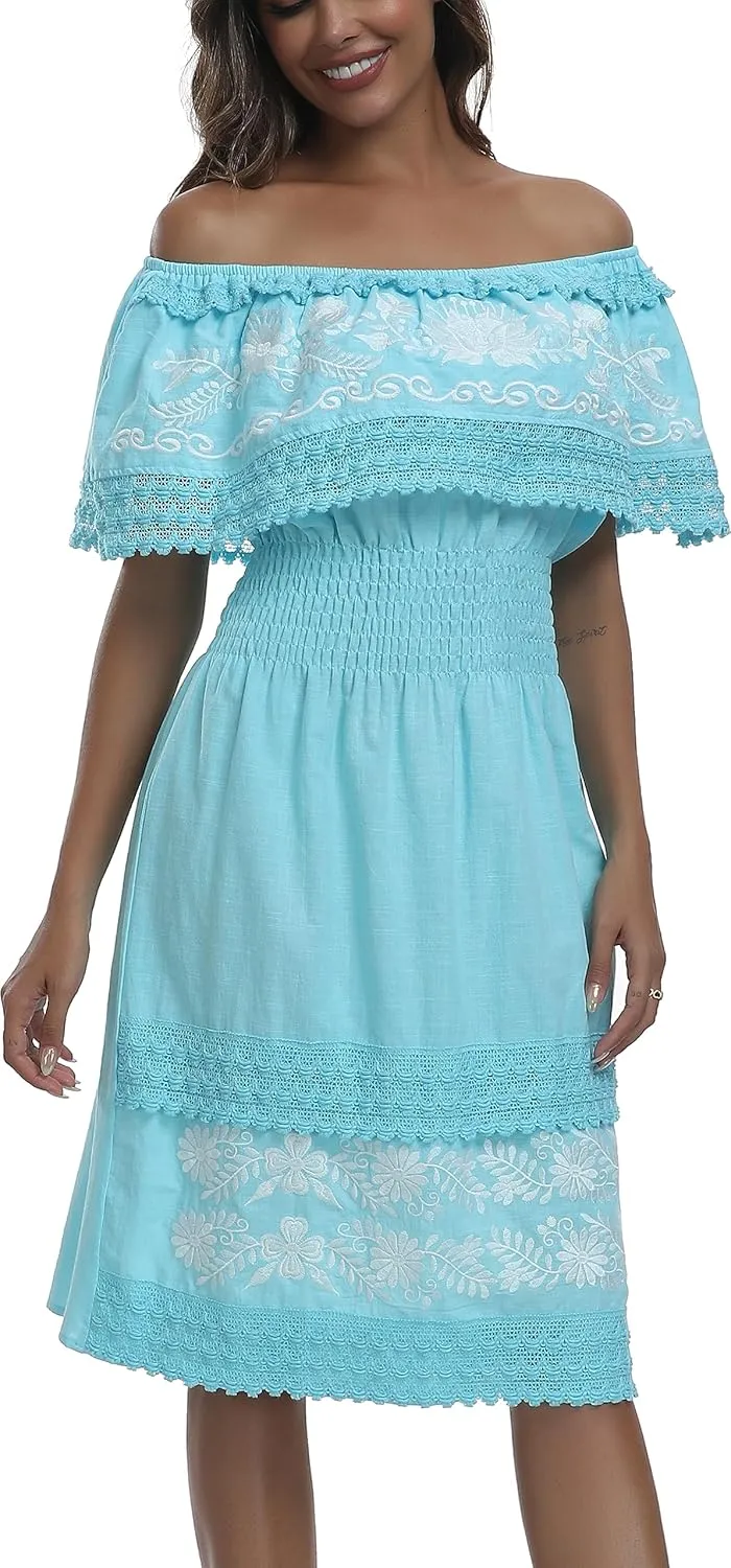 Women's 2024 Embroidered Summer Dress Lace Casual Ruffle Off-Shoulder Sleeveless Dress Boho Flowy Dress