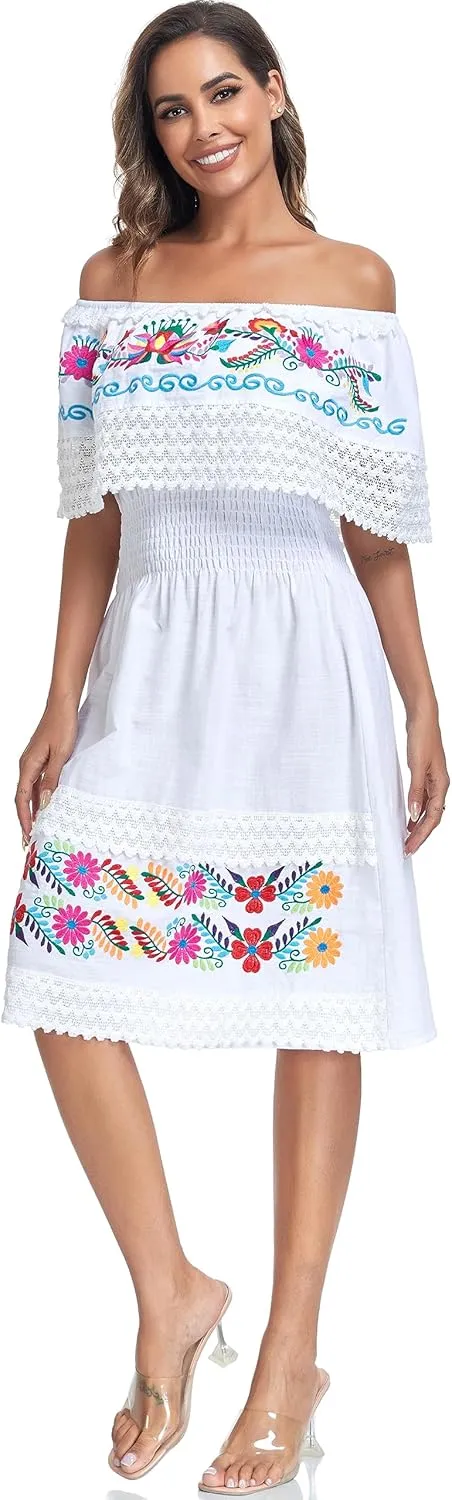 Women's 2024 Embroidered Summer Dress Lace Casual Ruffle Off-Shoulder Sleeveless Dress Boho Flowy Dress