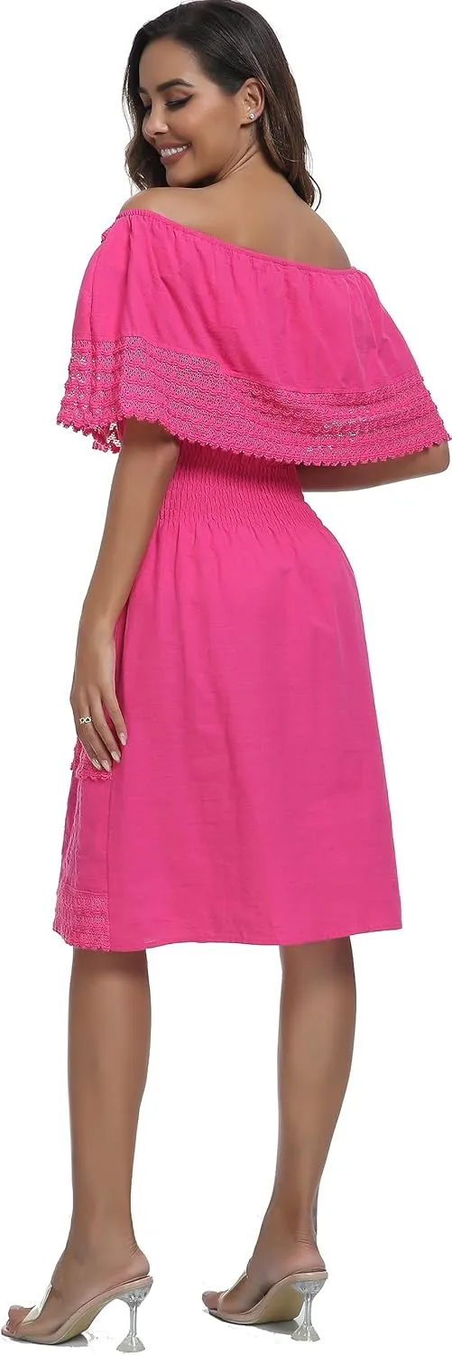 Women's 2024 Embroidered Summer Dress Lace Casual Ruffle Off-Shoulder Sleeveless Dress Boho Flowy Dress