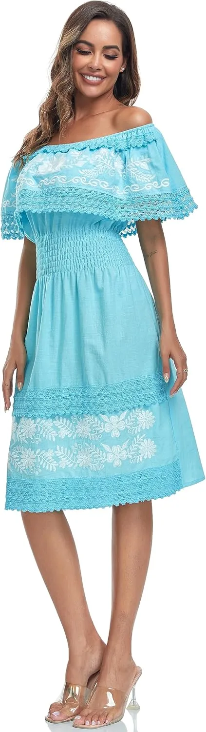 Women's 2024 Embroidered Summer Dress Lace Casual Ruffle Off-Shoulder Sleeveless Dress Boho Flowy Dress