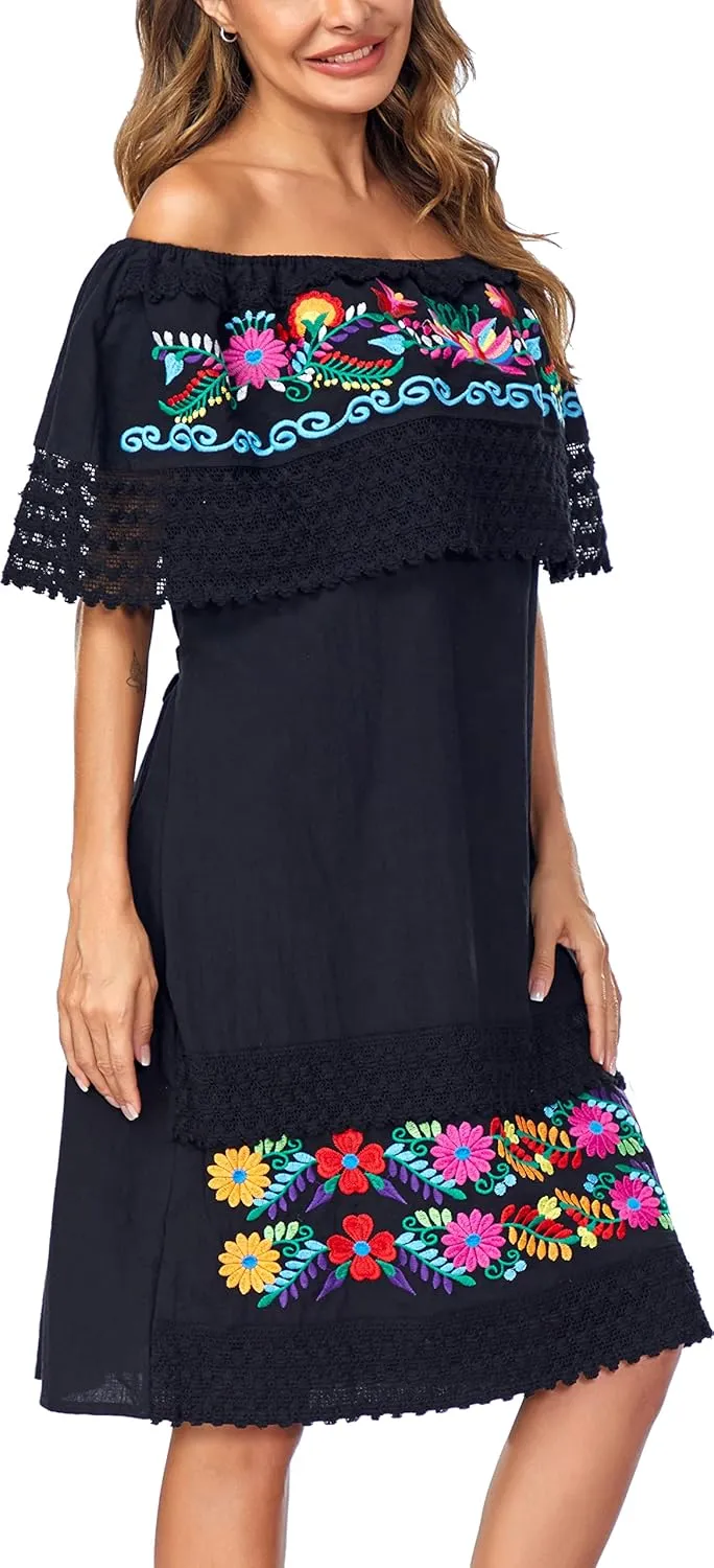 Women's 2024 Embroidered Summer Dress Lace Casual Ruffle Off-Shoulder Sleeveless Dress Boho Flowy Dress