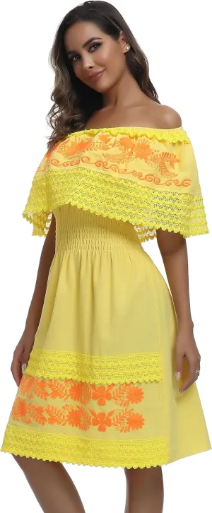 Women's 2024 Embroidered Summer Dress Lace Casual Ruffle Off-Shoulder Sleeveless Dress Boho Flowy Dress