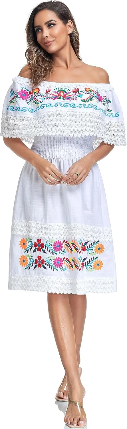 Women's 2024 Embroidered Summer Dress Lace Casual Ruffle Off-Shoulder Sleeveless Dress Boho Flowy Dress