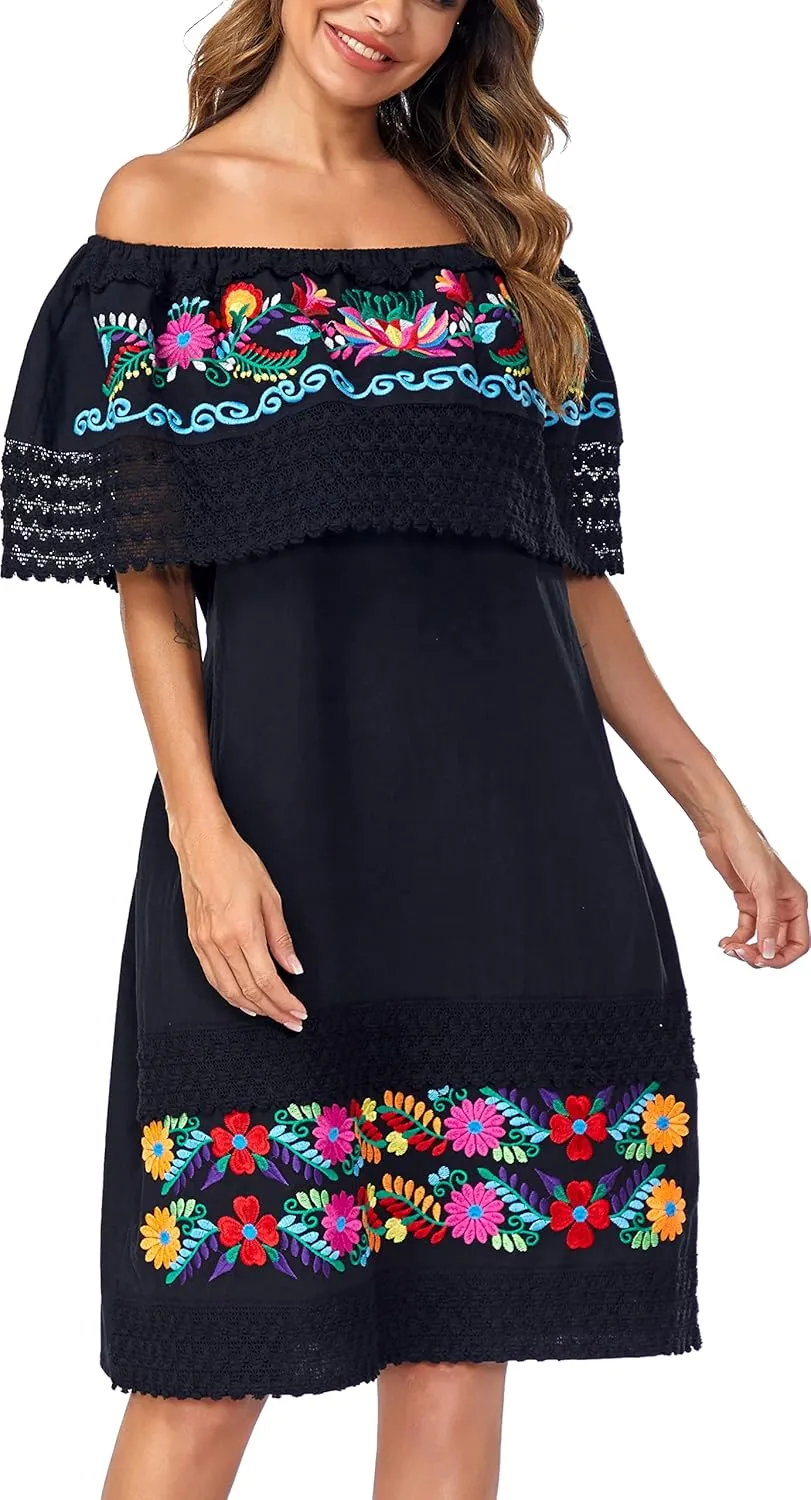Women's 2024 Embroidered Summer Dress Lace Casual Ruffle Off-Shoulder Sleeveless Dress Boho Flowy Dress