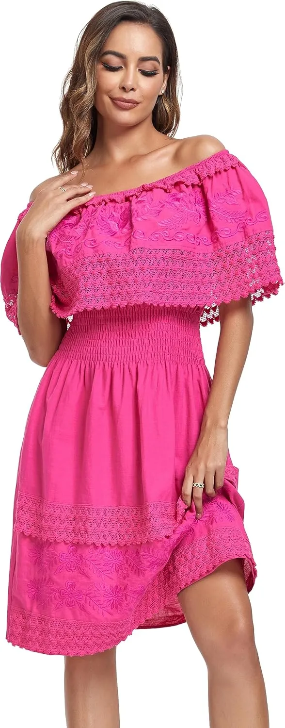 Women's 2024 Embroidered Summer Dress Lace Casual Ruffle Off-Shoulder Sleeveless Dress Boho Flowy Dress