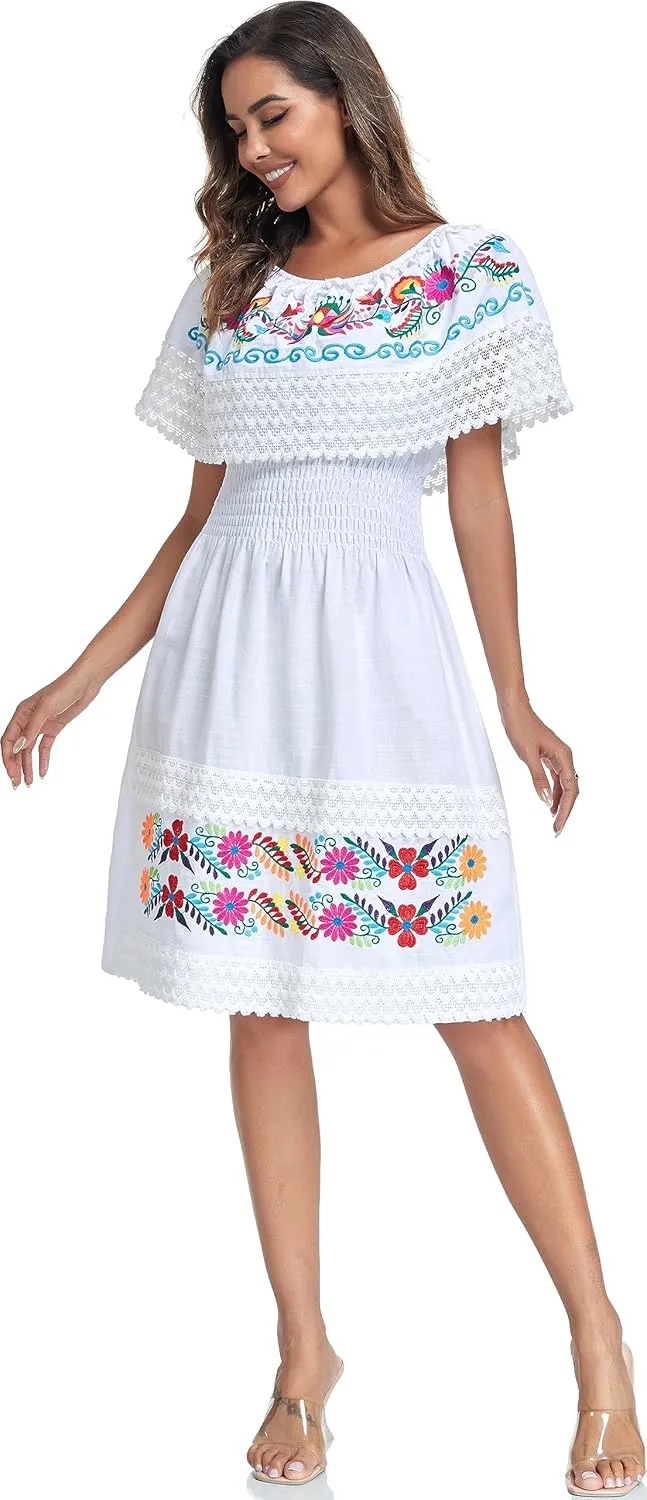 Women's 2024 Embroidered Summer Dress Lace Casual Ruffle Off-Shoulder Sleeveless Dress Boho Flowy Dress