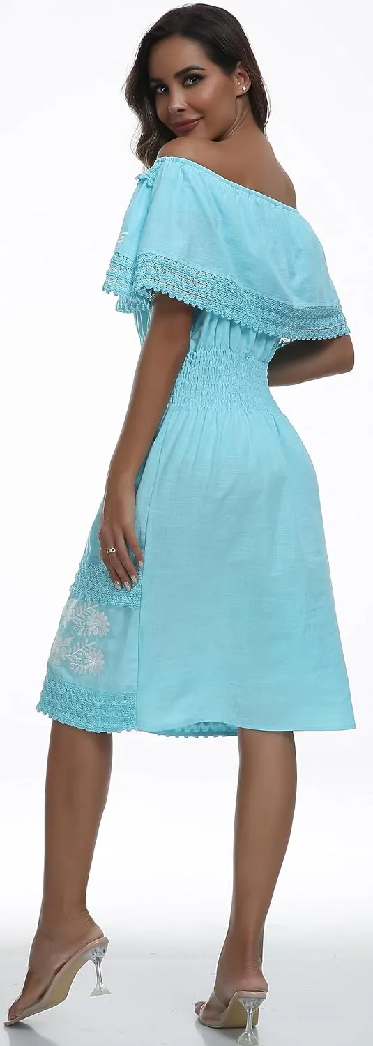 Women's 2024 Embroidered Summer Dress Lace Casual Ruffle Off-Shoulder Sleeveless Dress Boho Flowy Dress