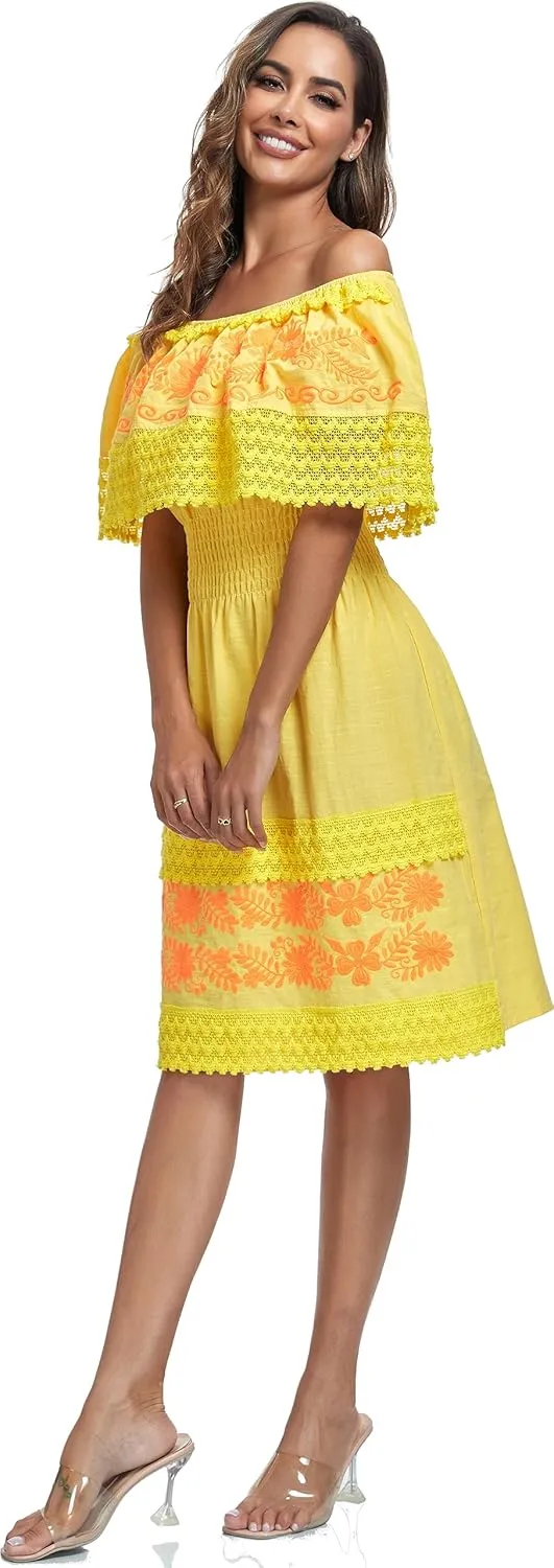 Women's 2024 Embroidered Summer Dress Lace Casual Ruffle Off-Shoulder Sleeveless Dress Boho Flowy Dress