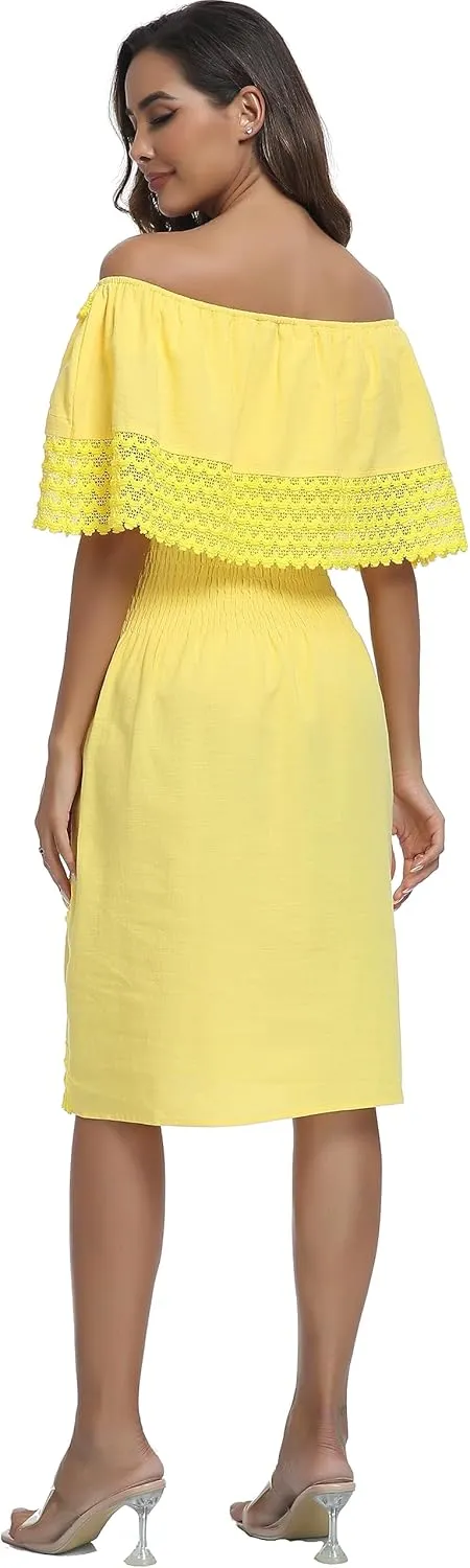 Women's 2024 Embroidered Summer Dress Lace Casual Ruffle Off-Shoulder Sleeveless Dress Boho Flowy Dress
