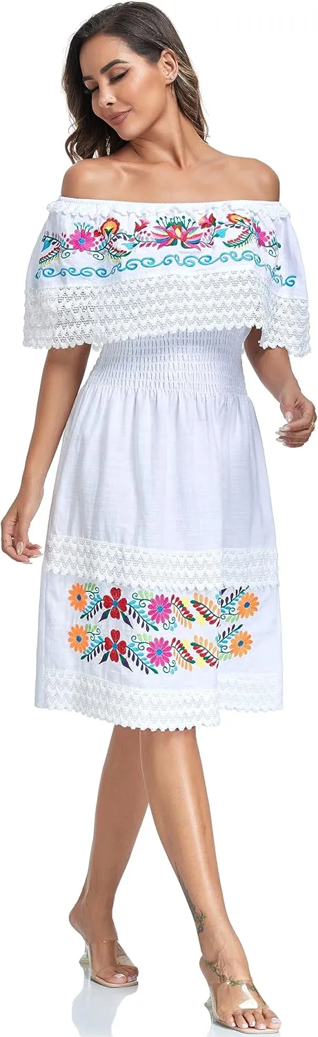 Women's 2024 Embroidered Summer Dress Lace Casual Ruffle Off-Shoulder Sleeveless Dress Boho Flowy Dress