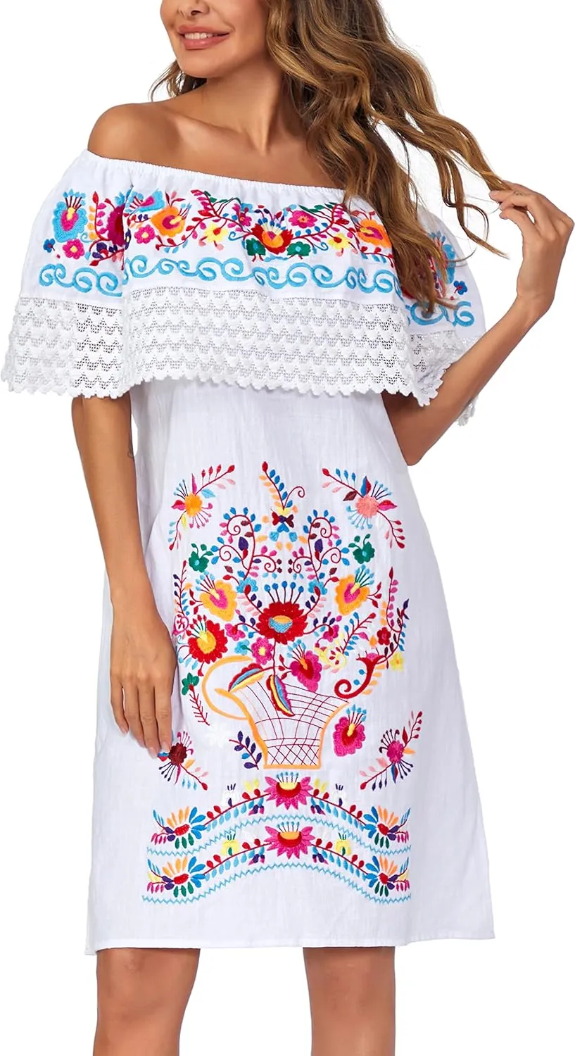 Women's 2024 Embroidered Summer Dress Lace Casual Ruffle Off-Shoulder Sleeveless Dress Boho Flowy Dress