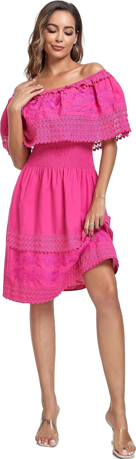 Women's 2024 Embroidered Summer Dress Lace Casual Ruffle Off-Shoulder Sleeveless Dress Boho Flowy Dress