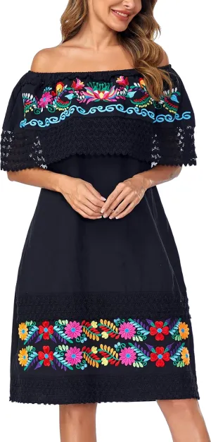 Women's 2024 Embroidered Summer Dress Lace Casual Ruffle Off-Shoulder Sleeveless Dress Boho Flowy Dress