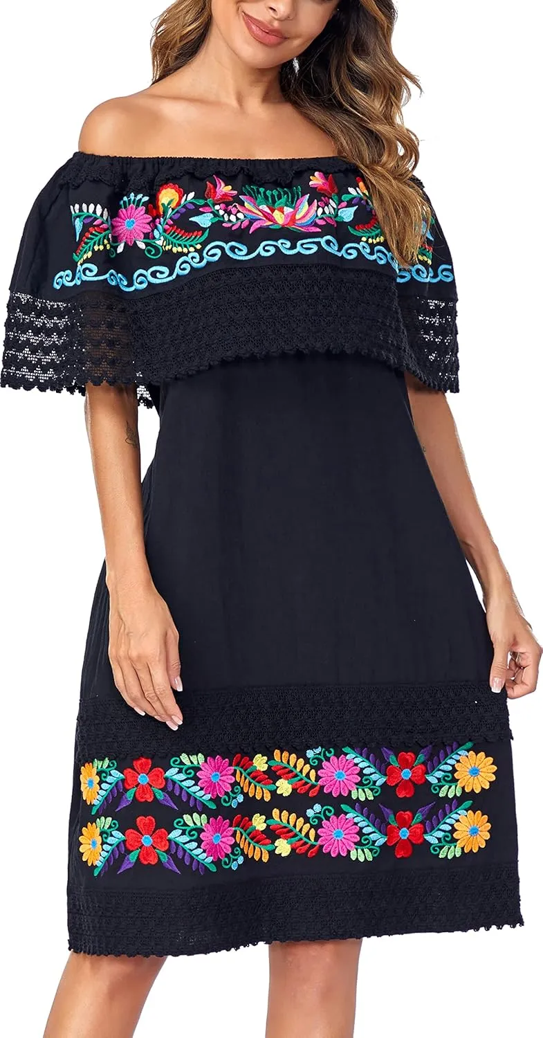Women's 2024 Embroidered Summer Dress Lace Casual Ruffle Off-Shoulder Sleeveless Dress Boho Flowy Dress