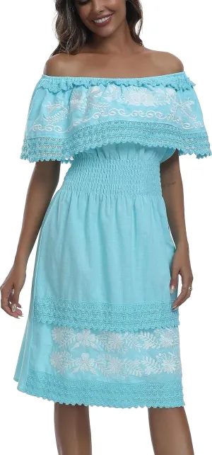 Women's 2024 Embroidered Summer Dress Lace Casual Ruffle Off-Shoulder Sleeveless Dress Boho Flowy Dress
