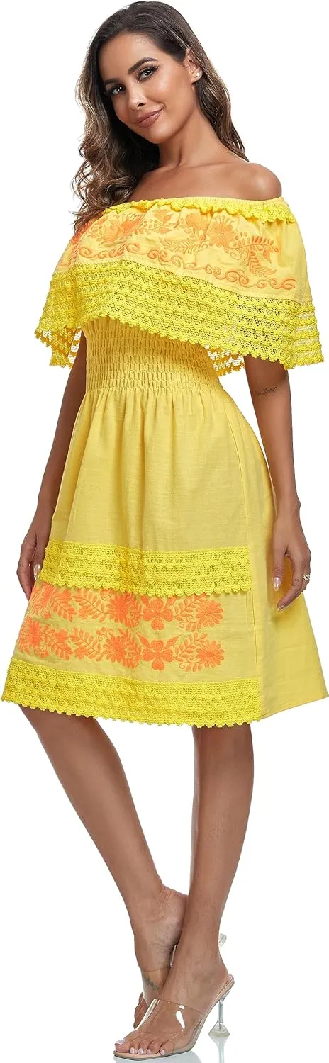 Women's 2024 Embroidered Summer Dress Lace Casual Ruffle Off-Shoulder Sleeveless Dress Boho Flowy Dress