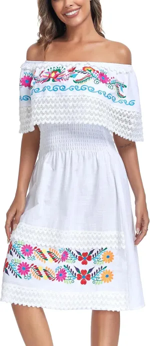 Women's 2024 Embroidered Summer Dress Lace Casual Ruffle Off-Shoulder Sleeveless Dress Boho Flowy Dress